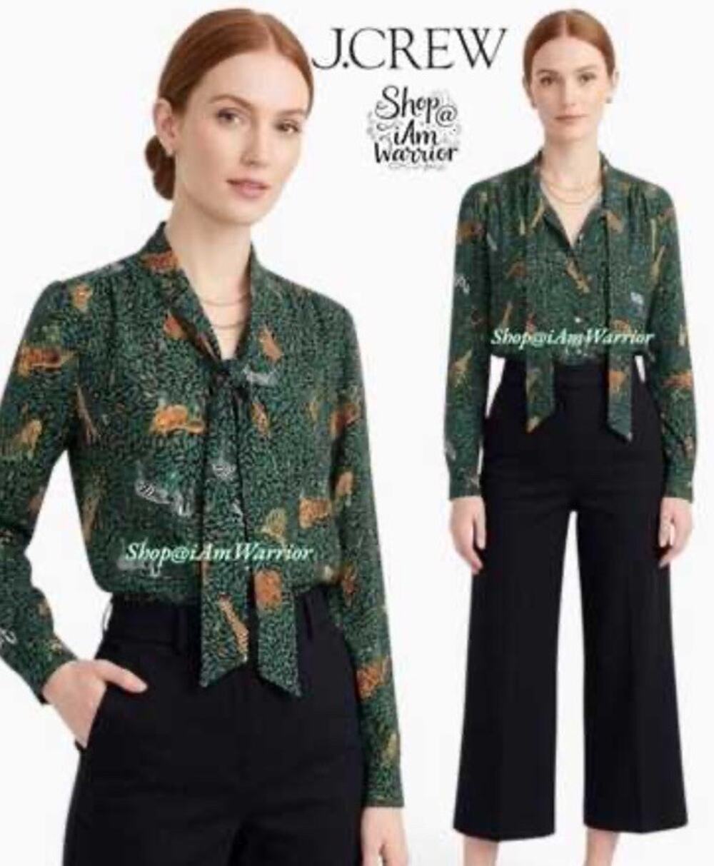 J.Crew Jungle Animal Print Bow Tie Neck Blouse Safari Leopard Cheetah Tiger Sz S